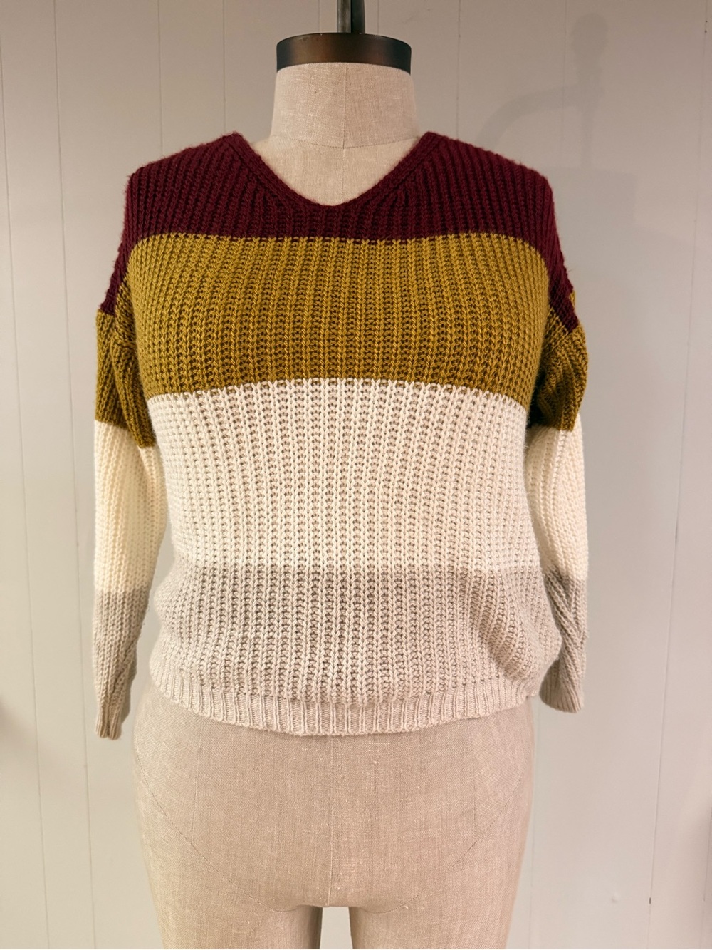 Colorblock V-Neck Knit Sweater in Burgundy, Mustard and Cream